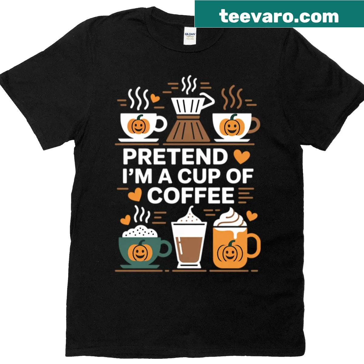 Cute Halloween T-shirt with coffee cup and pumpkin design — on a men's t-shirt