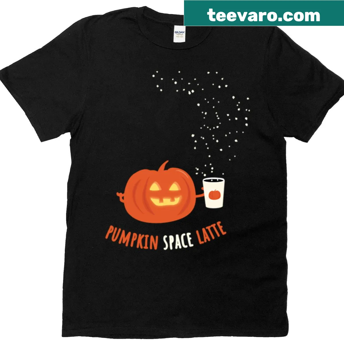 Whimsical pumpkin spice latte floating through space graphic t-shirt — on a men's t-shirt