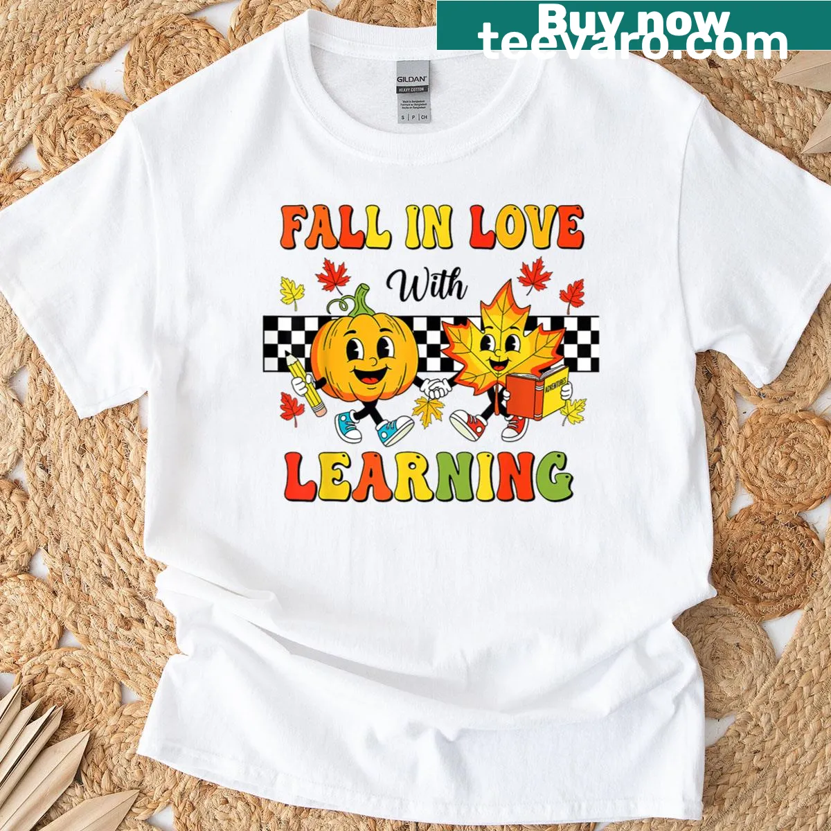 Retro fall-themed T-shirt for teachers featuring a pumpkin — on a men's t-shirt