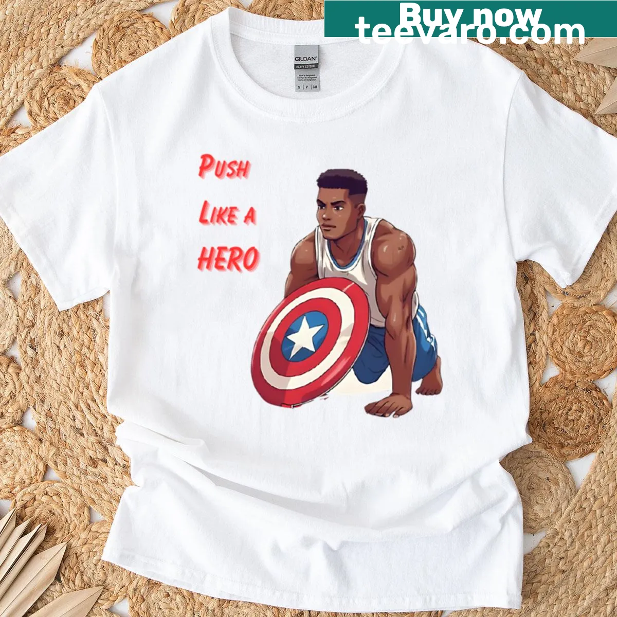 Inspirational workout T-shirt with 'Push Like A Hero' text — on a men's t-shirt