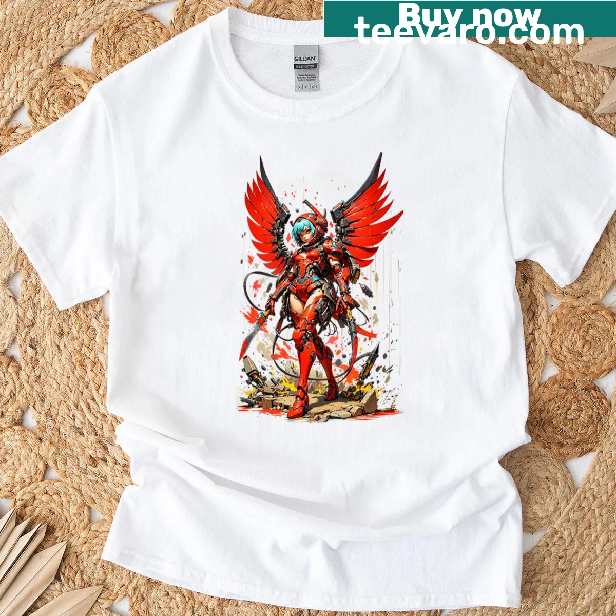 Illustration of a girl in a mecha suit on a T-shirt. — on a men's t-shirt