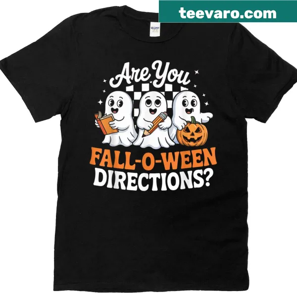 Playful Halloween ghost design with directions graphic t-shirt