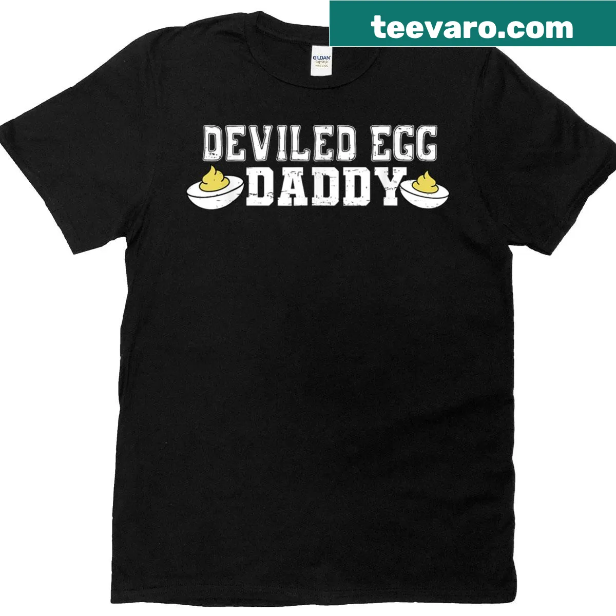 Humorous vintage t-shirt featuring deviled eggs and 'Deviled Egg Daddy' text — on a men's t-shirt