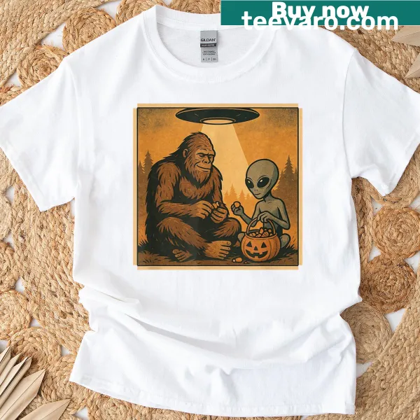 Retro Halloween T-shirt with Bigfoot and alien graphic