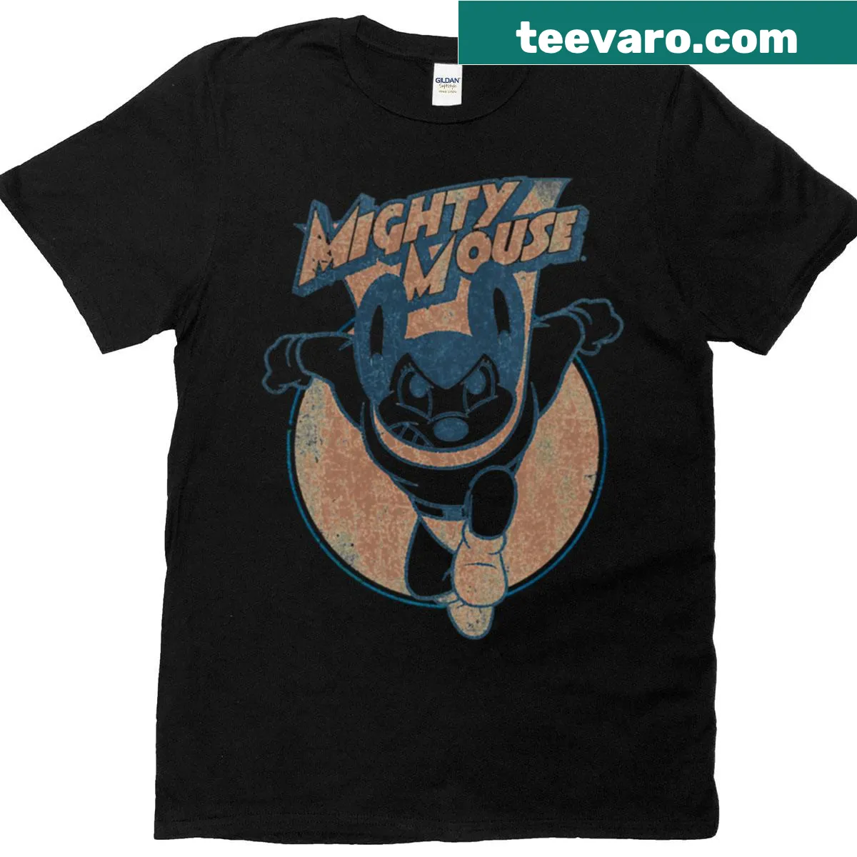 Mighty Mouse t-shirt featuring a playful retro cartoon design — on a men's t-shirt