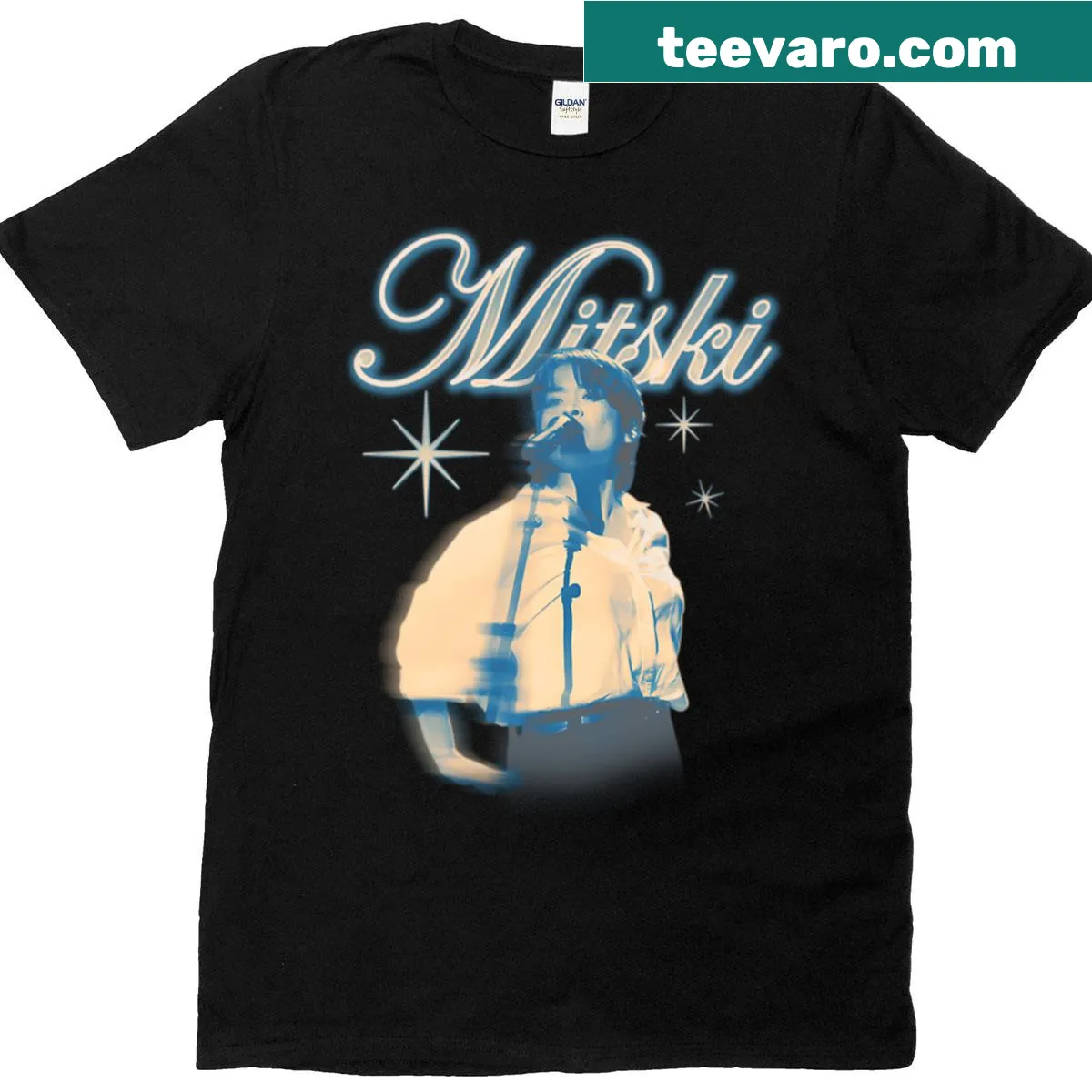 A retro t-shirt featuring a design inspired by 80s music singers and tours. — on a men's t-shirt