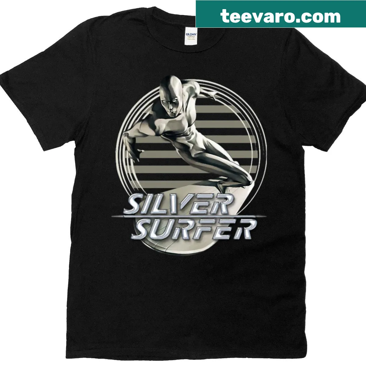 Retro surfer illustration saving the galaxy, playful cosmic design — on a men's t-shirt