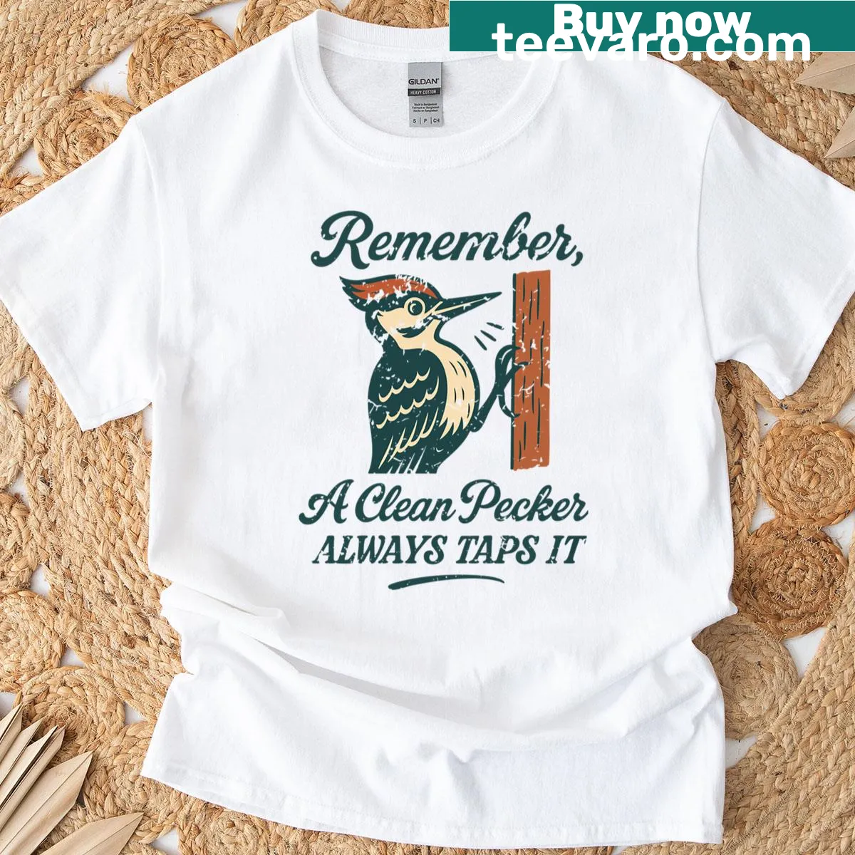 Vintage-style T-shirt featuring humorous woodpecker design and phrase — on a men's t-shirt