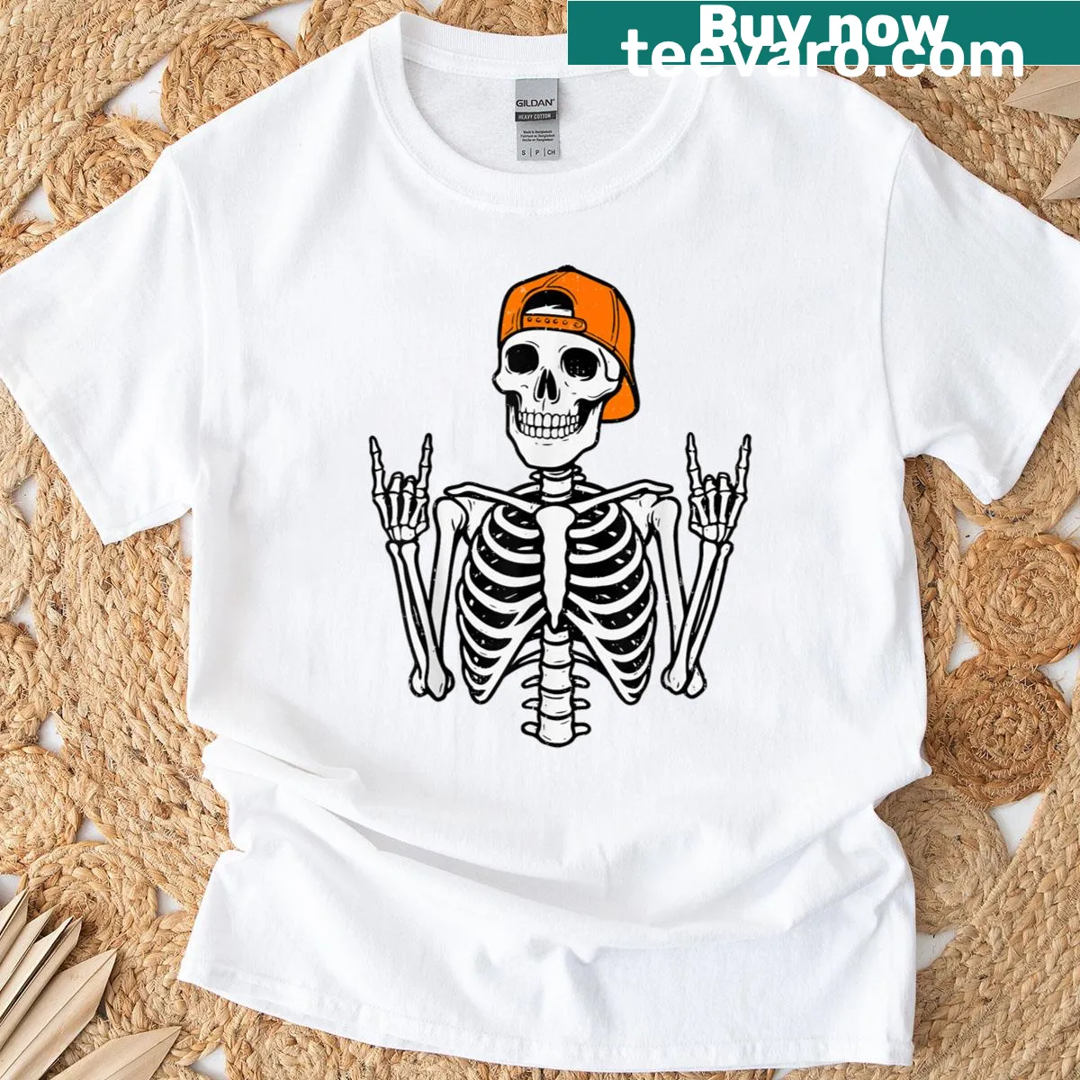 Rocker skeleton design t-shirt for Halloween celebrations. — on a men's t-shirt