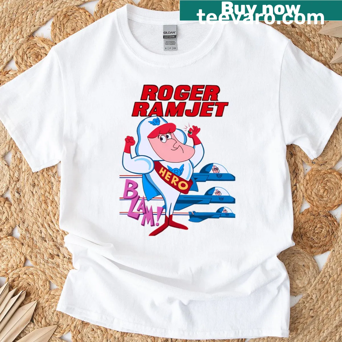 Cartoon-style T-shirt featuring the Rogers Ramjets aviation design — on a men's t-shirt