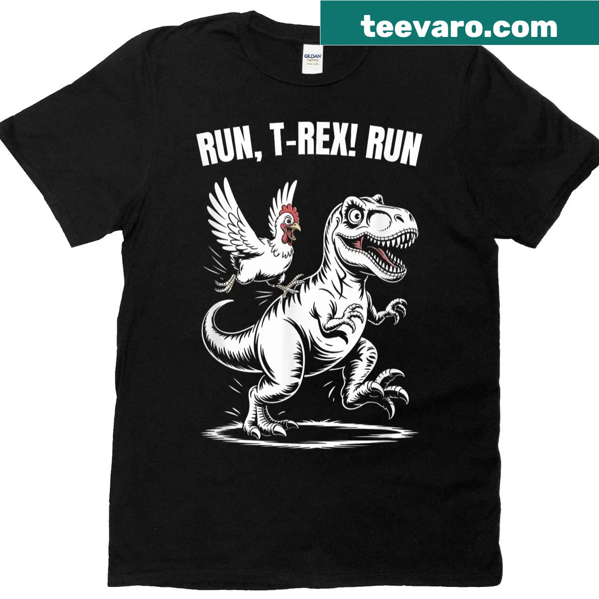 A funny t-shirt depicting a T-rex being chased by a chicken in a cartoon style. — on a men's t-shirt