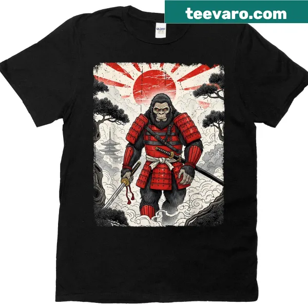 Illustration of Samurai Bigfoot in a funny graphic t-shirt