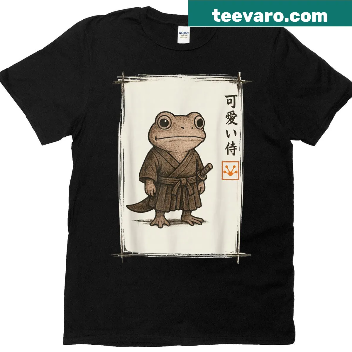 A humorous t-shirt featuring a samurai frog in a cartoon style. — on a men's t-shirt