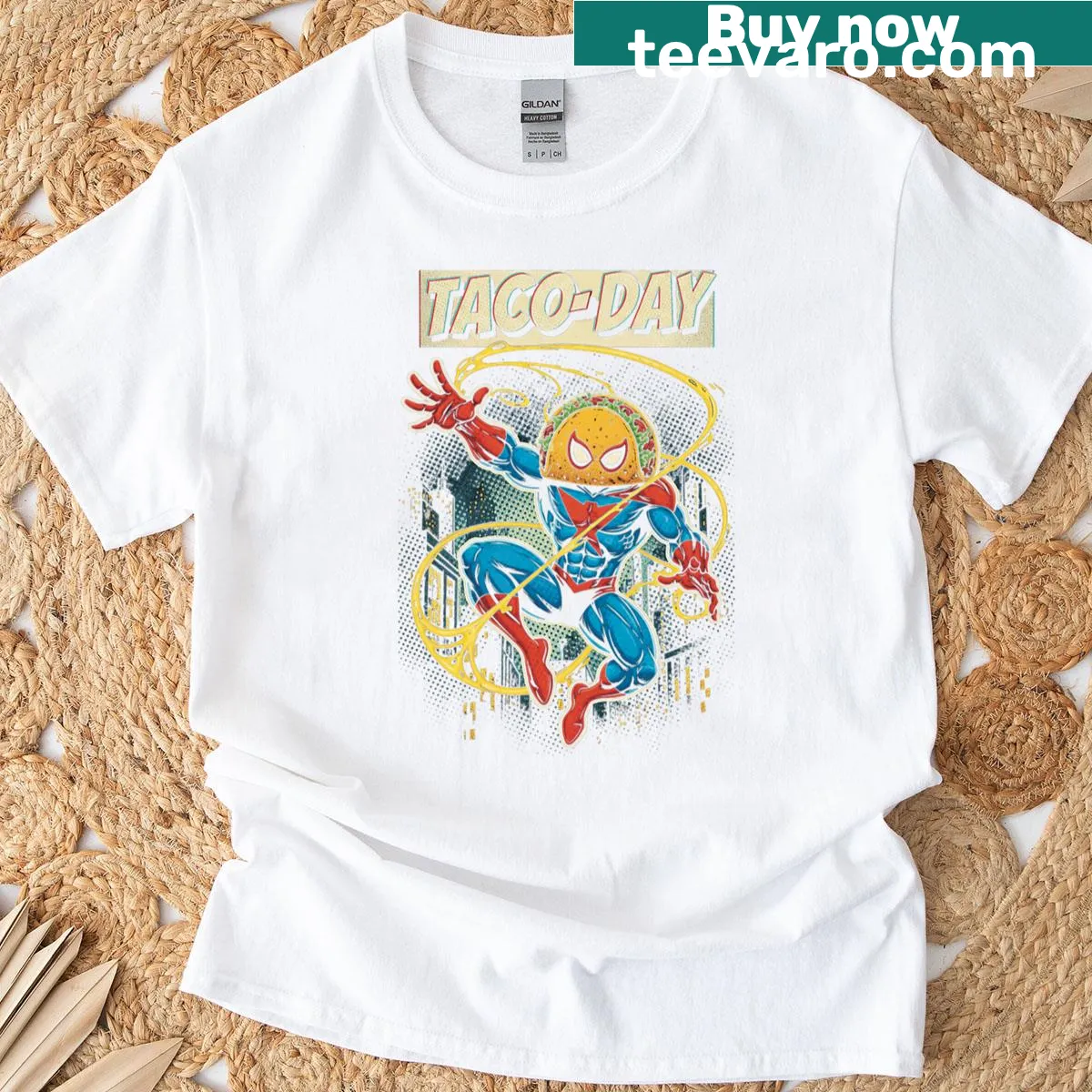 Cartoon superhero enjoying tacos on a T-shirt. — on a men's t-shirt