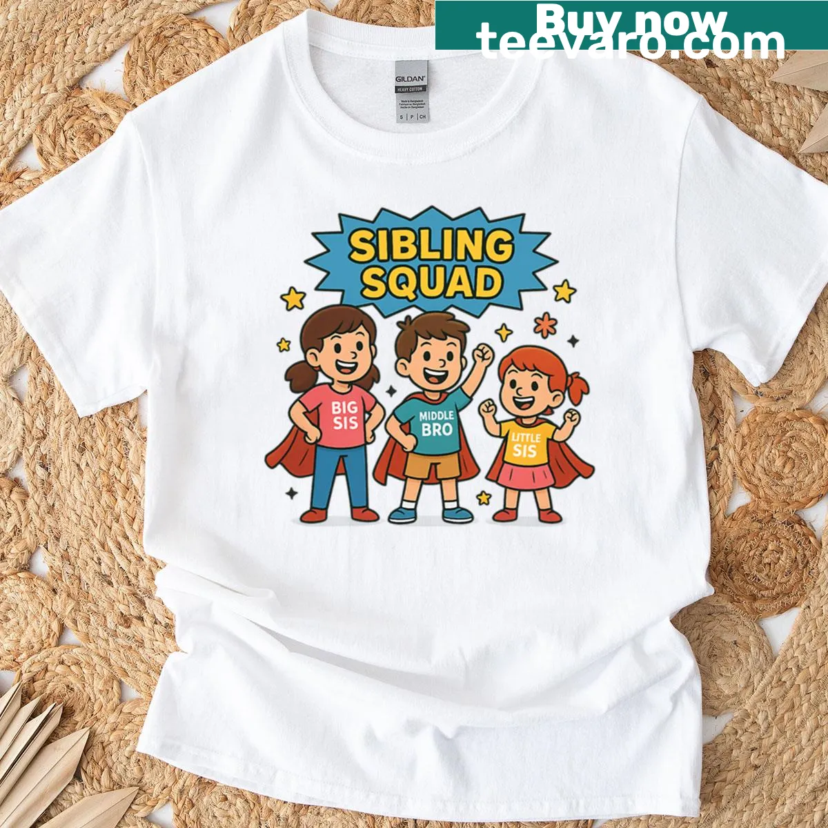 Cartoon superhero siblings graphic on kids' t-shirt — on a men's t-shirt