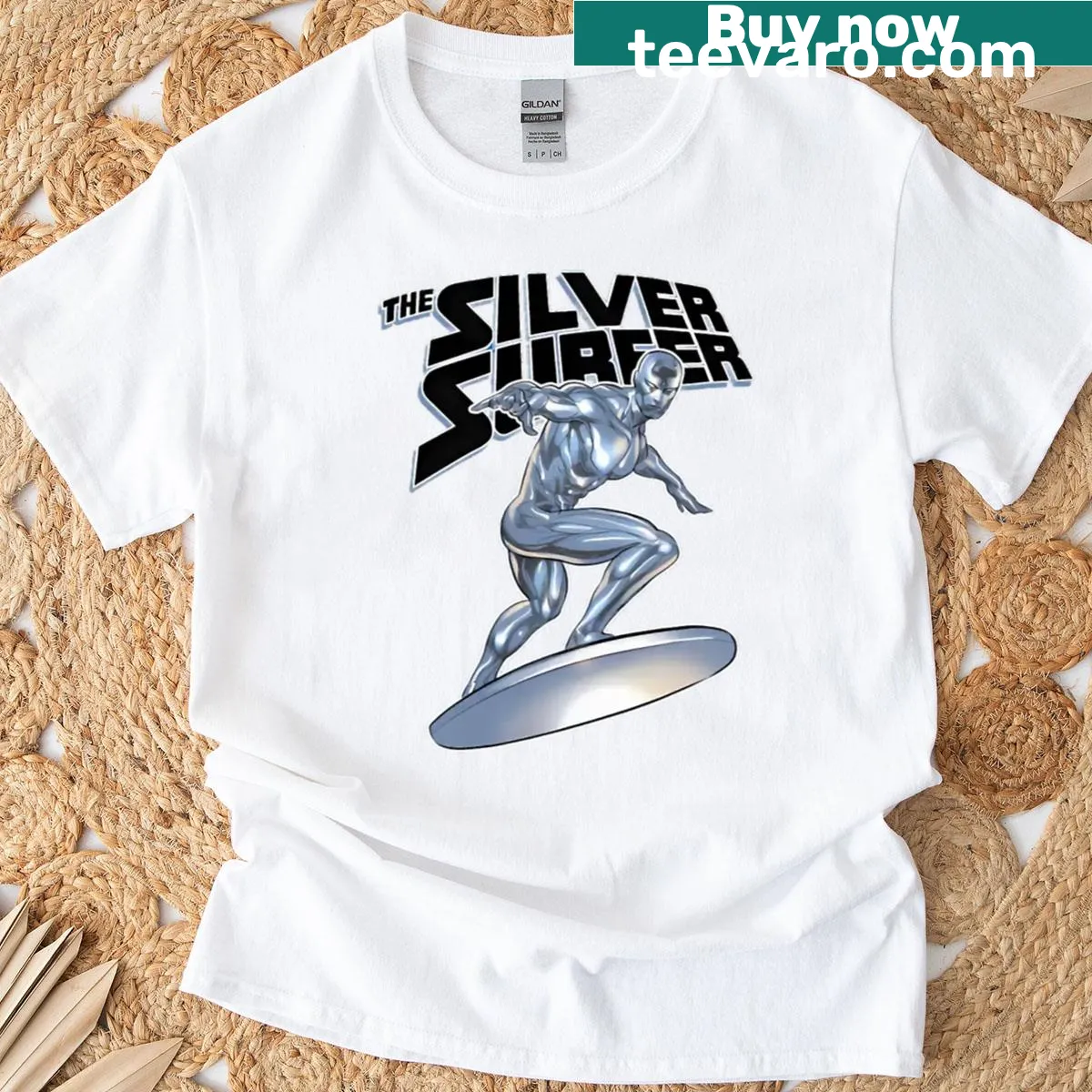 Illustrative t-shirt featuring Silver Surfer and Galactus from Marvel comics — on a men's t-shirt