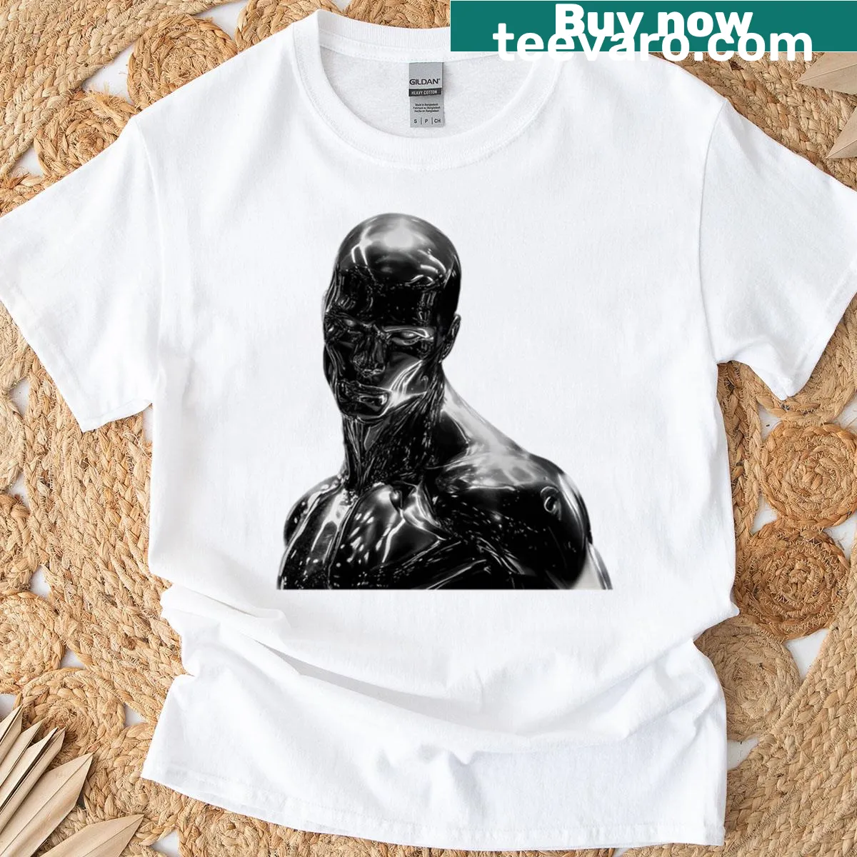 Futuristic T-shirt featuring a cosmic surfer in silver chrome design. — on a men's t-shirt