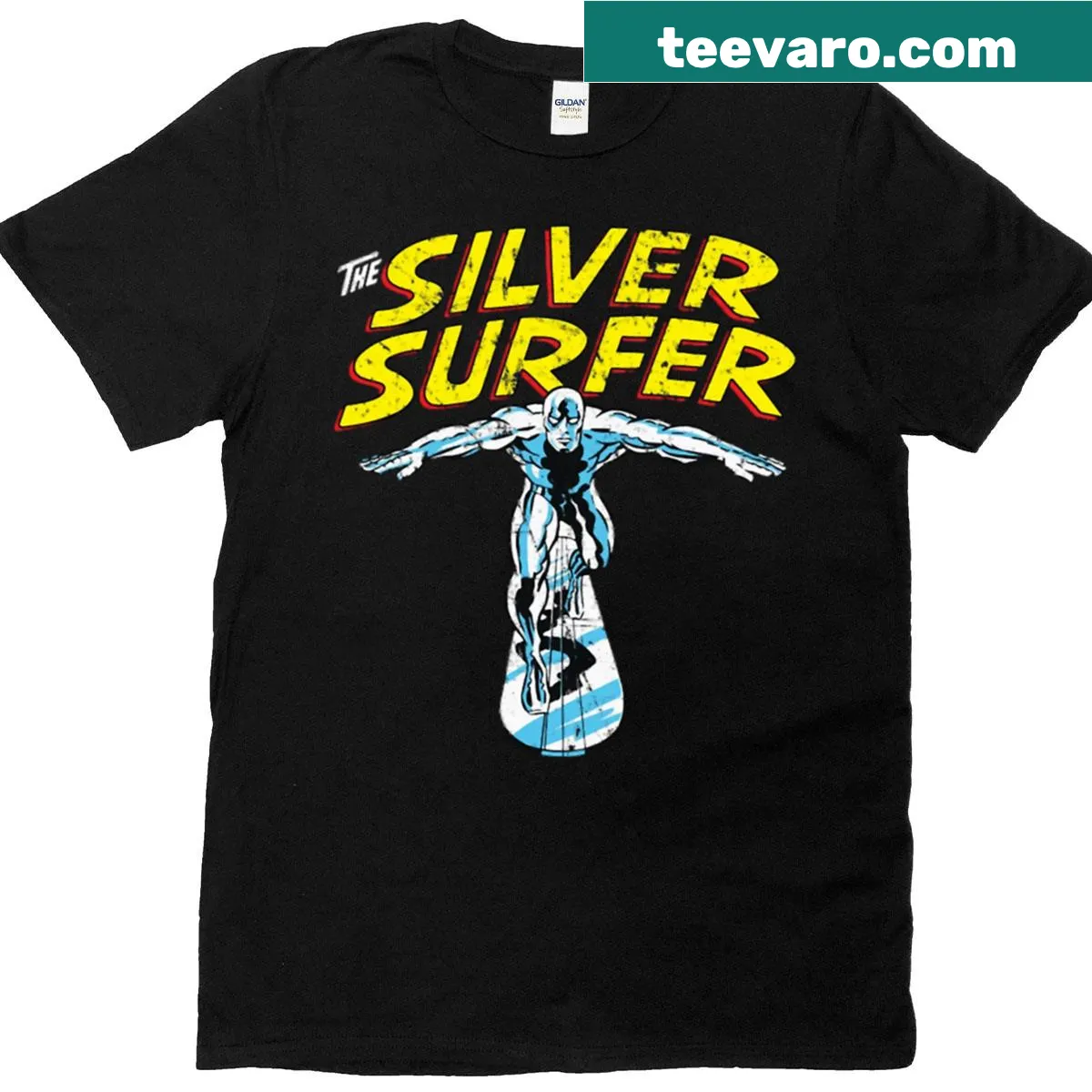 Grunge style Silver Surfer graphic t-shirt — on a men's t-shirt