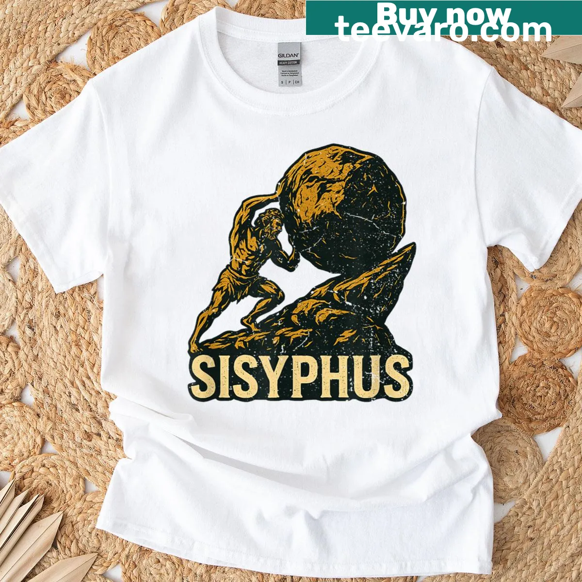 Artistic depiction of Sisyphus pushing a boulder, symbolizing perseverance — on a men's t-shirt
