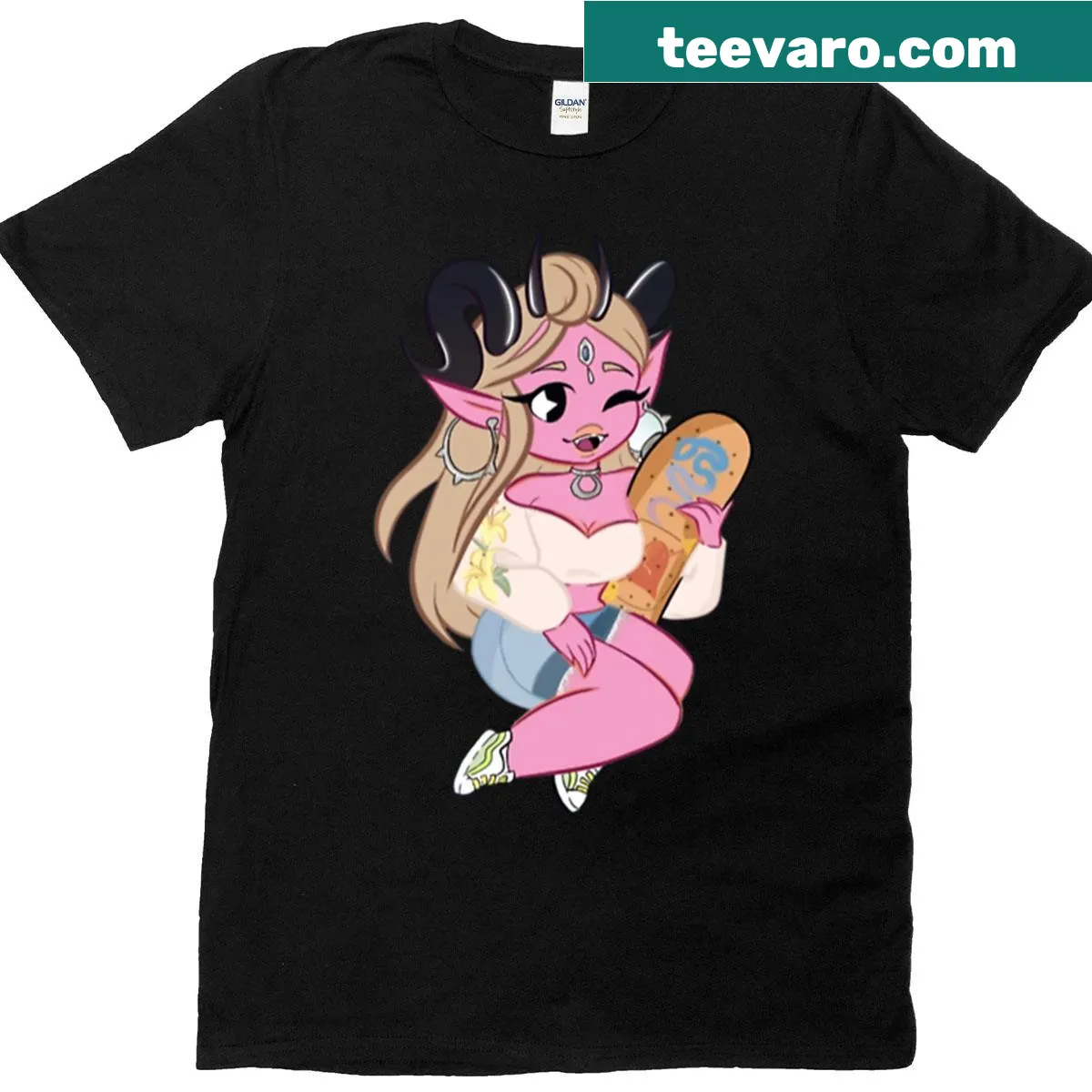 Cartoon demoness skating with a smile on her face — on a men's t-shirt