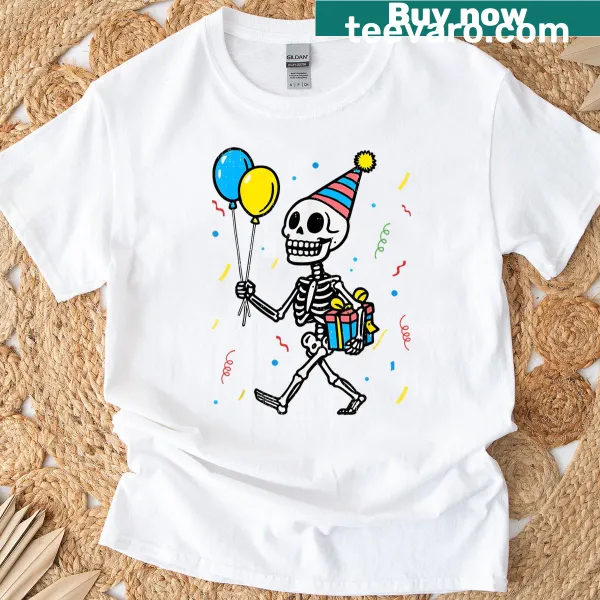 Cartoon skeleton graphic perfect for Halloween and birthdays on t-shirt