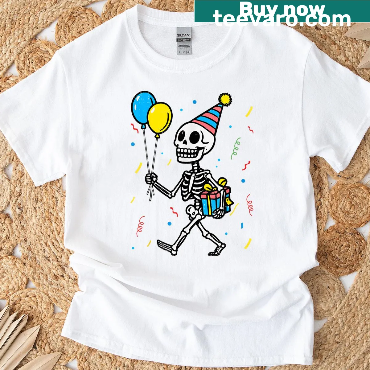Cartoon skeleton graphic perfect for Halloween and birthdays on t-shirt — on a men's t-shirt