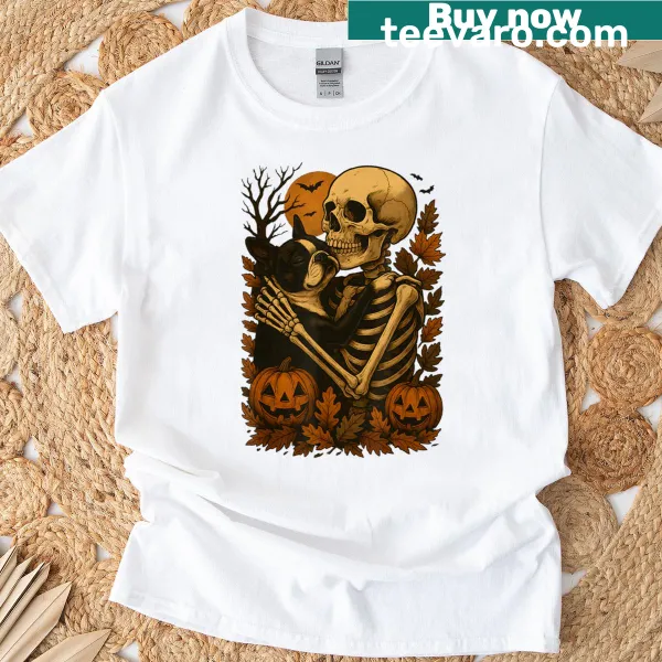 Illustration of a skeleton hugging a Boston Terrier on a t-shirt