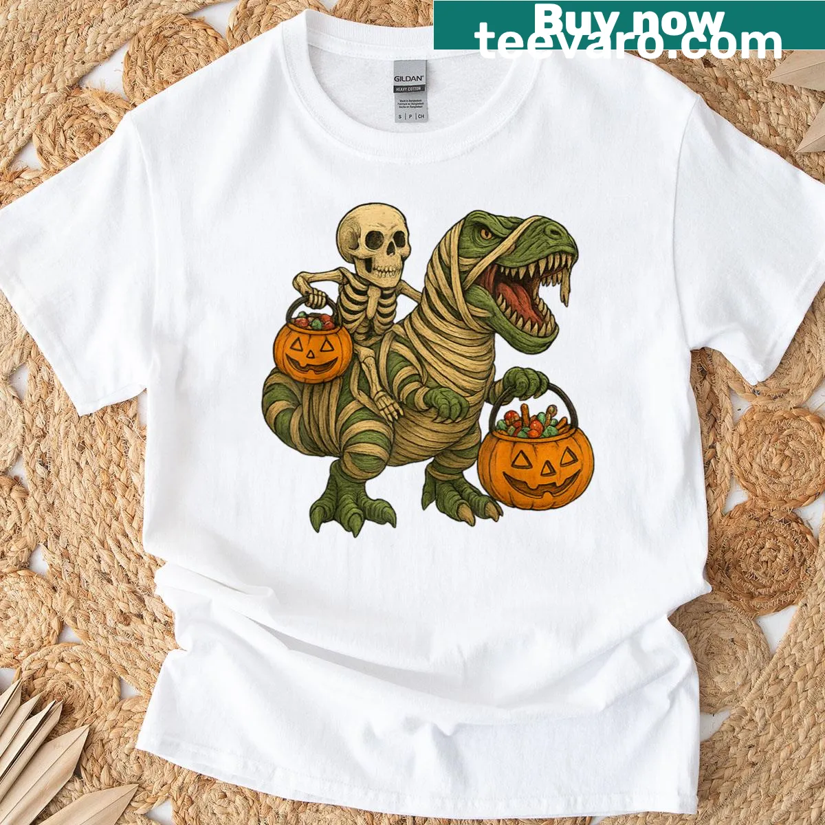 Funny Halloween t-shirt with a skeleton riding a T-Rex dinosaur — on a men's t-shirt