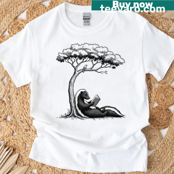 Illustration of a skunk reading a book under a tree