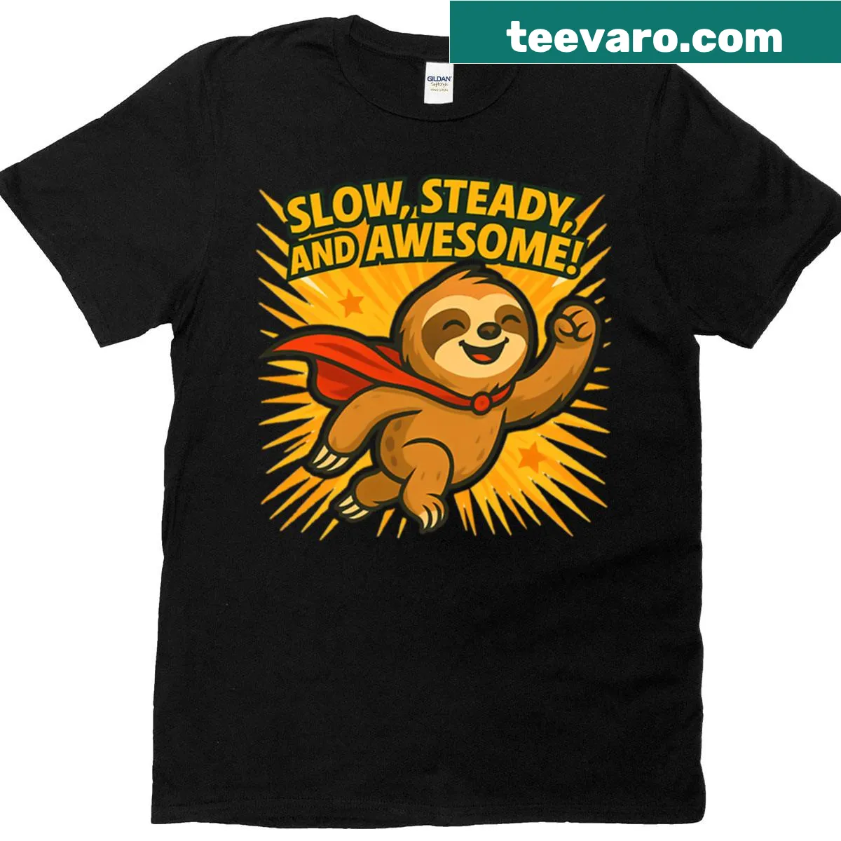 Sloth superhero design with the phrase 'Slow Steady And Awesome' on a t-shirt — on a men's t-shirt