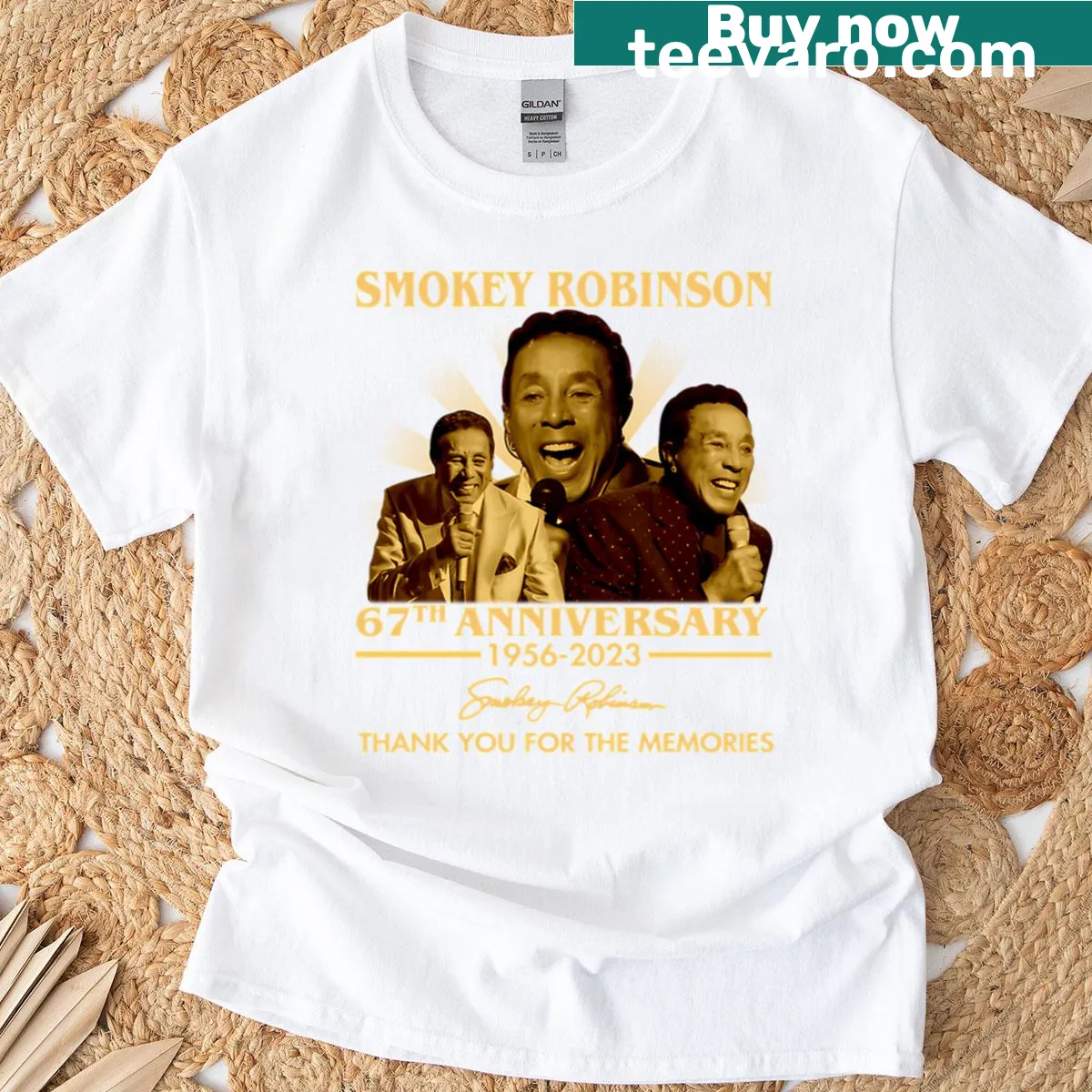 Tribute T-shirt featuring Smokey Robinson's anniversary signature and memories message. — on a men's t-shirt