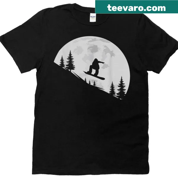 Silhouette t-shirt featuring a snowboarder against a full moon backdrop for winter sports fans.