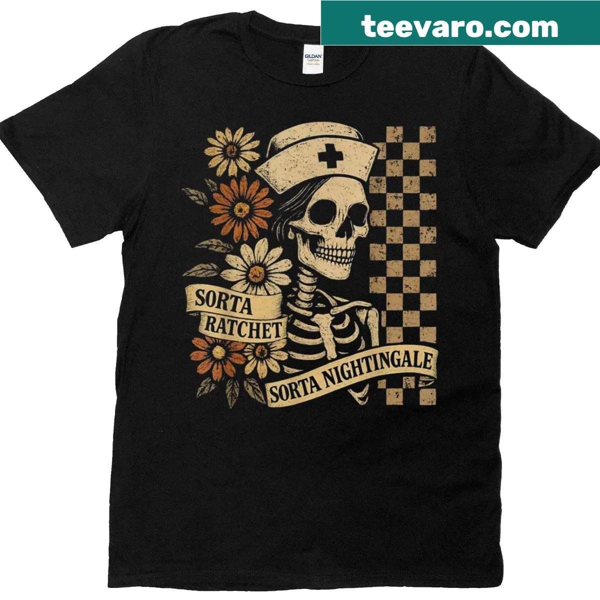 Funny skeleton nurse Halloween T-shirt with playful text — on a men's t-shirt