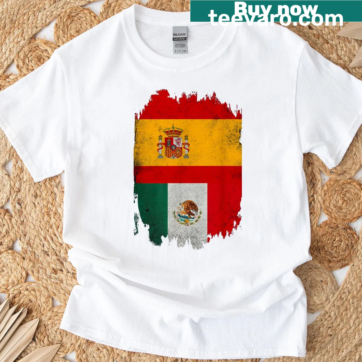Badge-style T-shirt featuring Spain and Mexico flags. — on a men's t-shirt