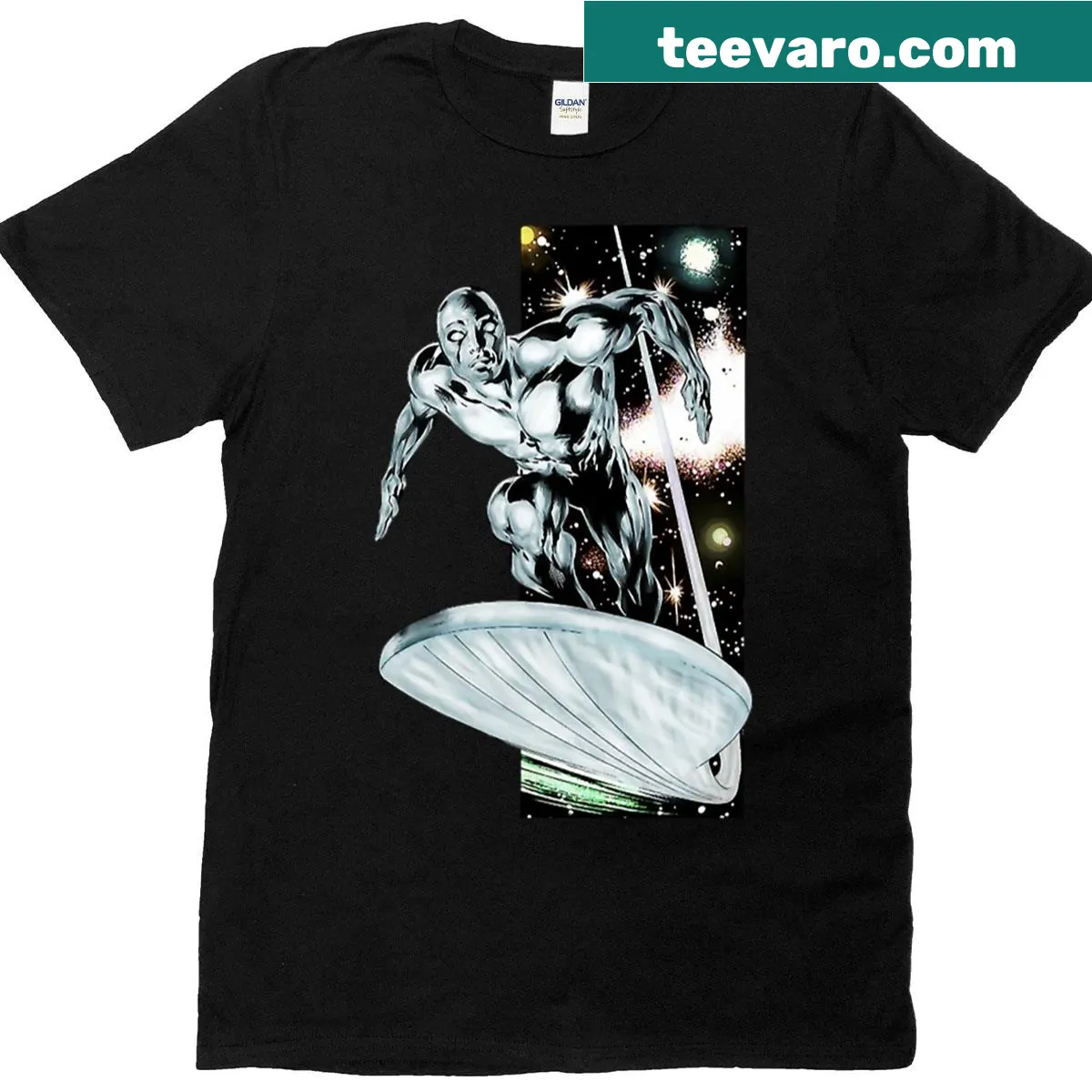 Playful surfing graphic t-shirt for ocean lovers — on a men's t-shirt