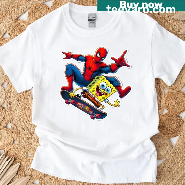 Whimsical T-shirt featuring Spider-Man skating with SpongeBob.