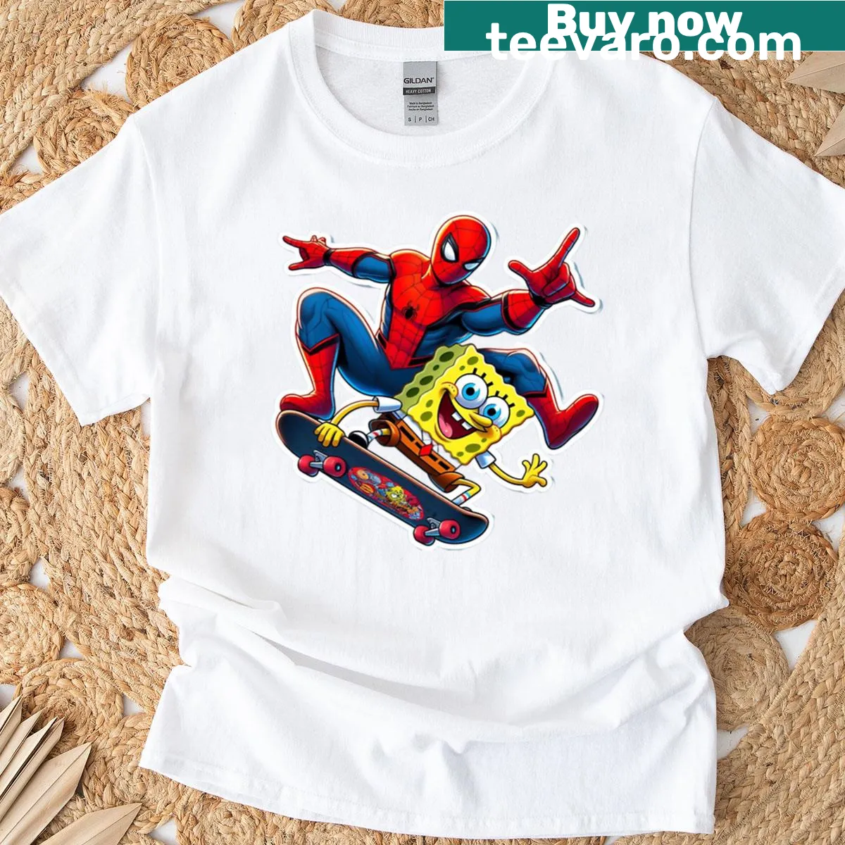 Whimsical T-shirt featuring Spider-Man skating with SpongeBob. — on a men's t-shirt