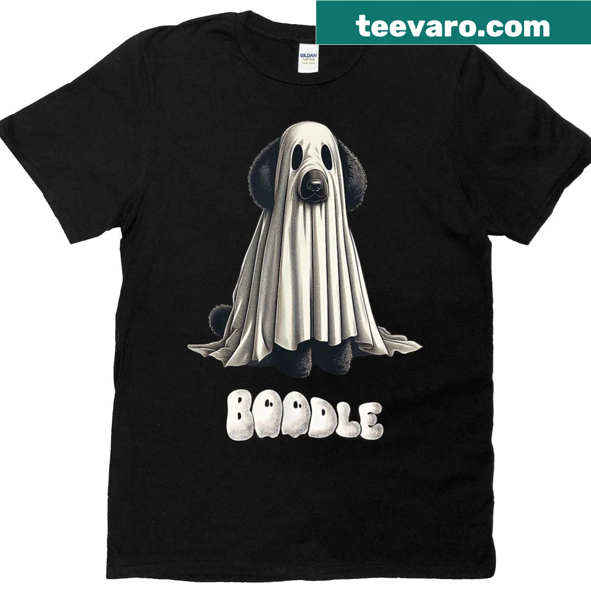 Black poodle ghost design on a Funny Dog Mom t-shirt for Halloween — on a men's t-shirt