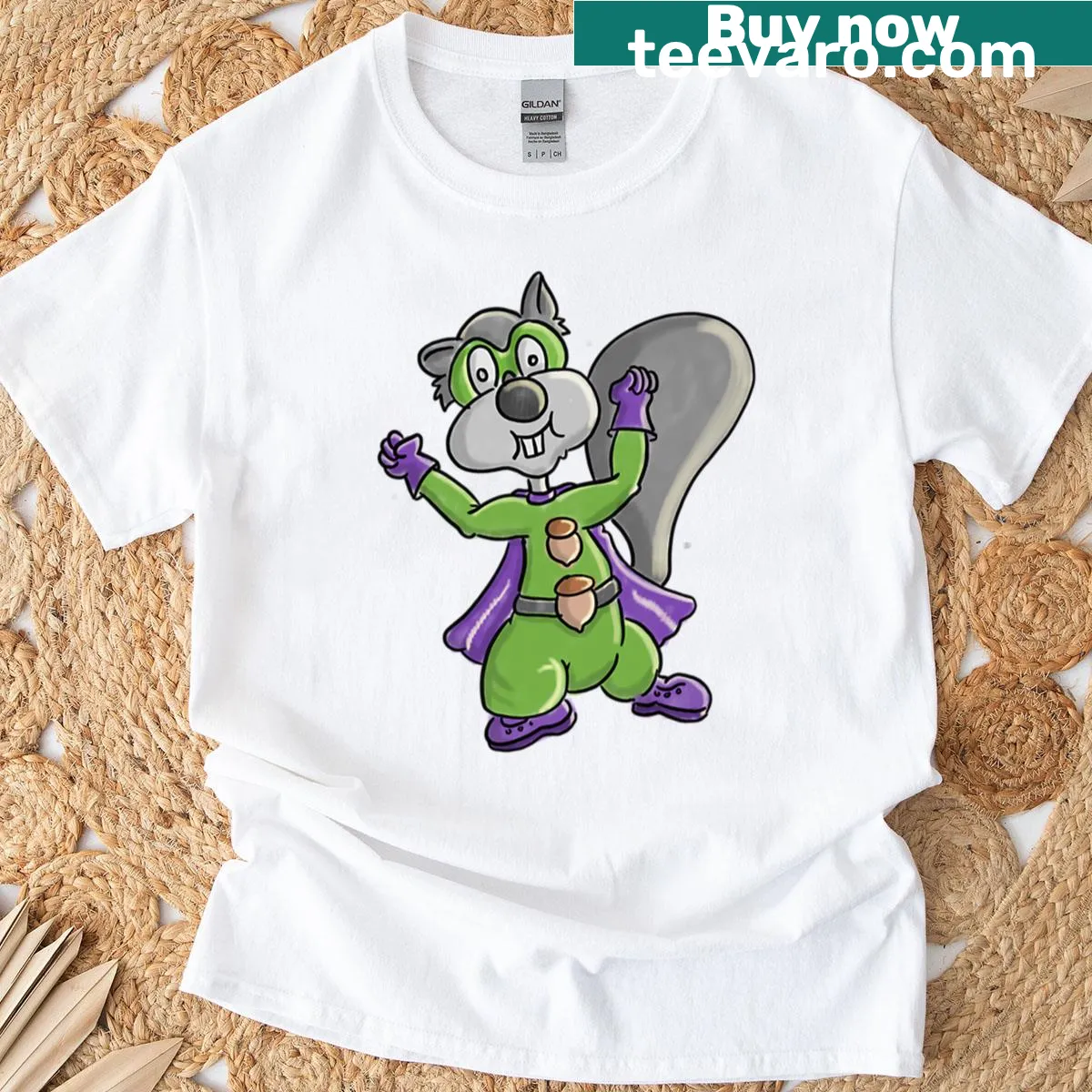 Cartoon superhero squirrel flying with a nut on a T-shirt — on a men's t-shirt