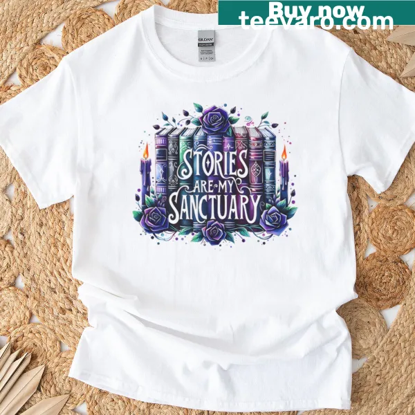 Whimsical book-themed t-shirt with an illustrated graphic