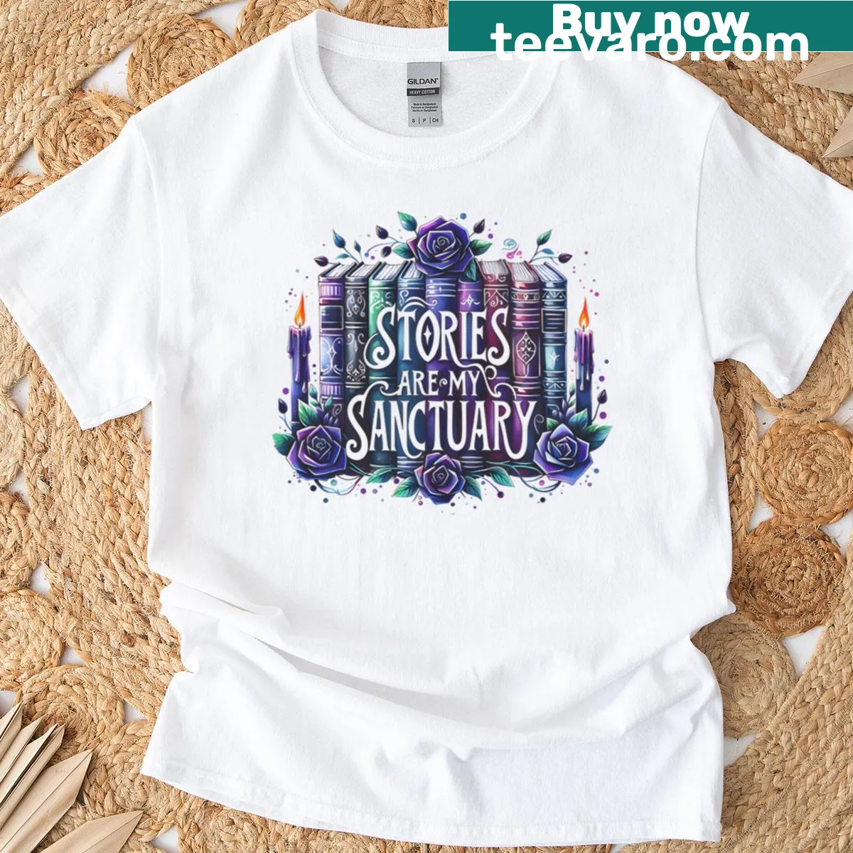 Whimsical book-themed t-shirt with an illustrated graphic — on a men's t-shirt