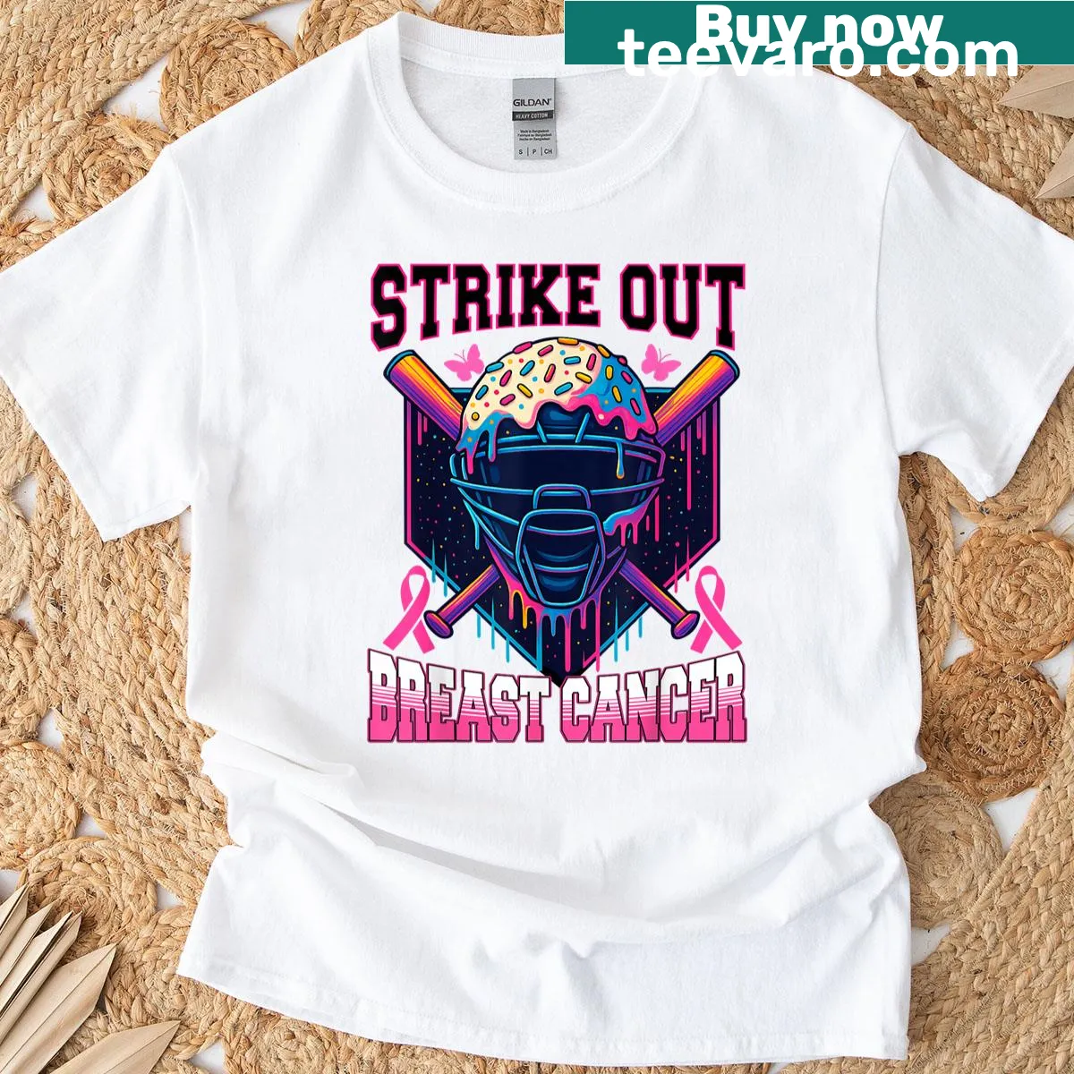 Baseball t-shirt supporting breast cancer awareness with a catcher mask design — on a men's t-shirt