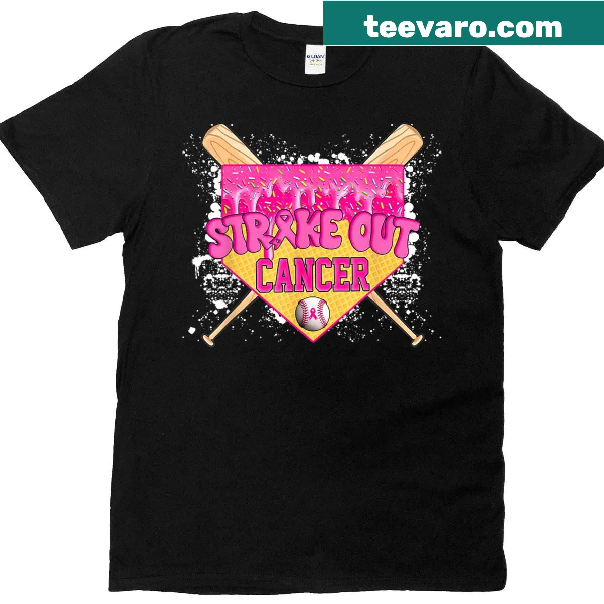 Baseball-themed Breast Cancer awareness T-shirt with home plate design — on a men's t-shirt