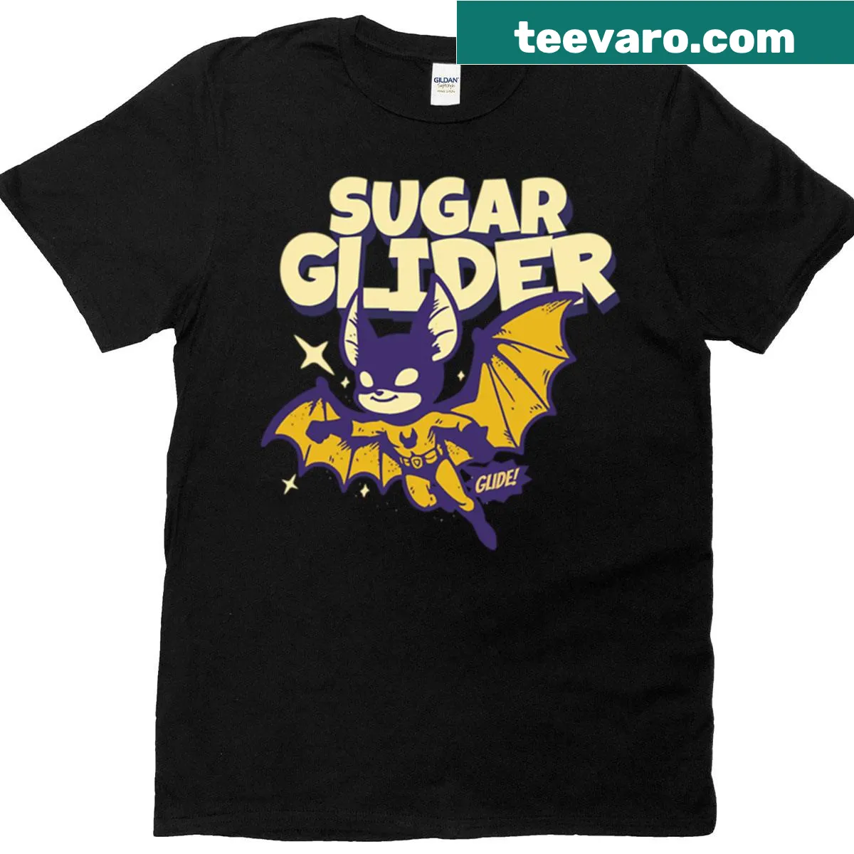 Cute superhero sugar glider character on T-shirt — on a men's t-shirt