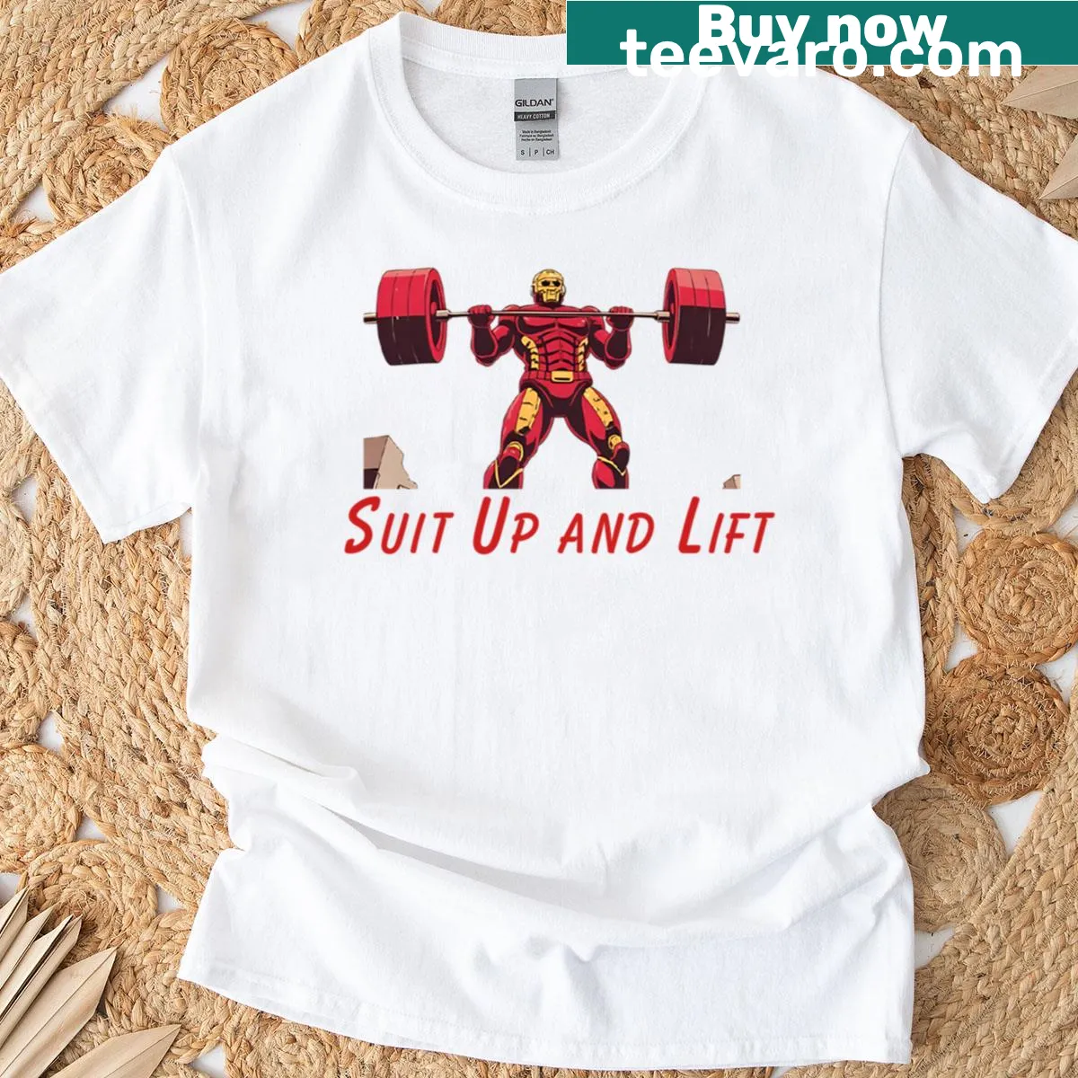 Futuristic gym design with motivational text on a T-shirt — on a men's t-shirt