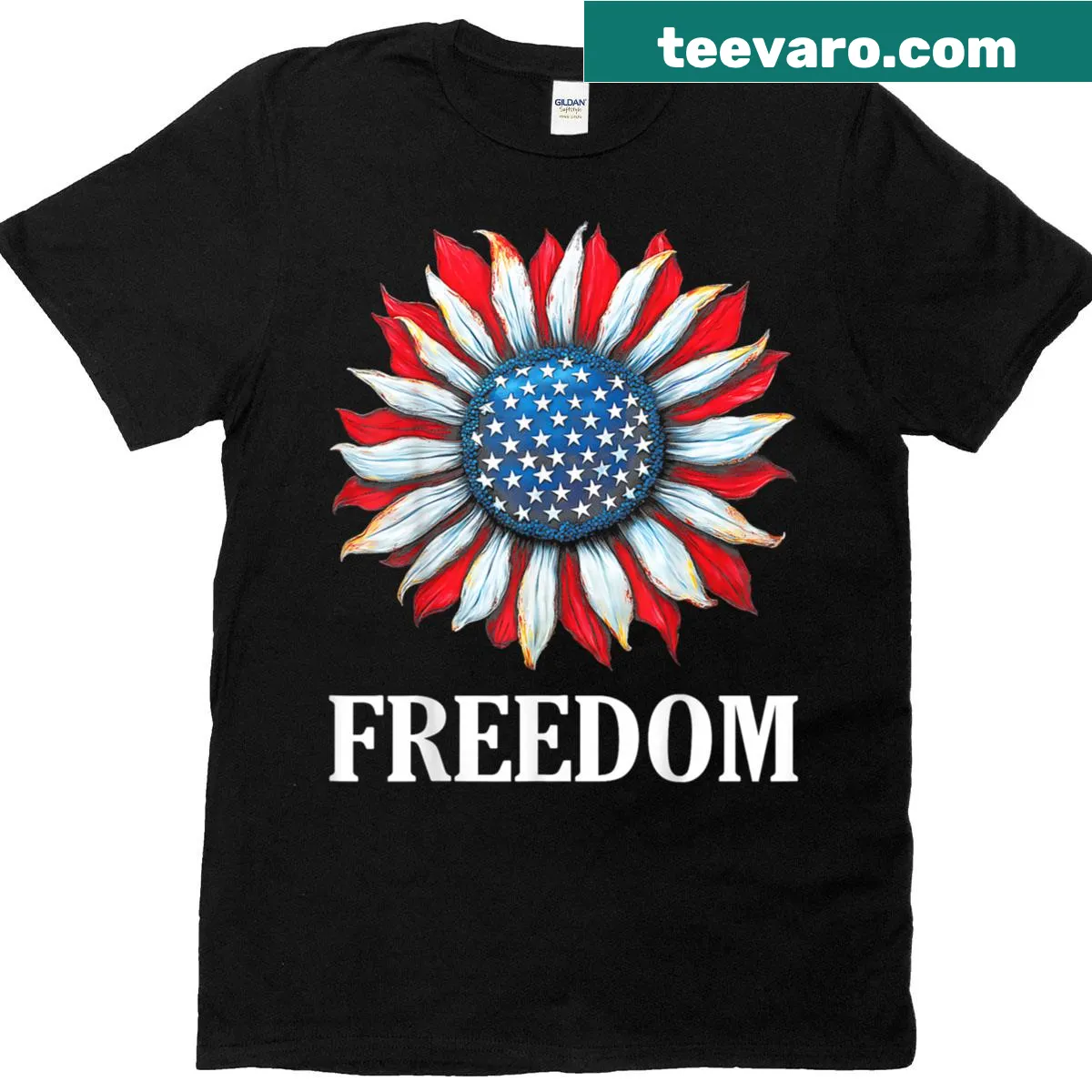 T-shirt featuring sunflower intertwined with the American flag — on a men's t-shirt