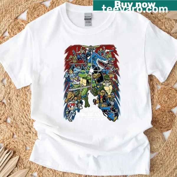 Cartoon-style illustration of 90s beasts on a retro T-shirt
