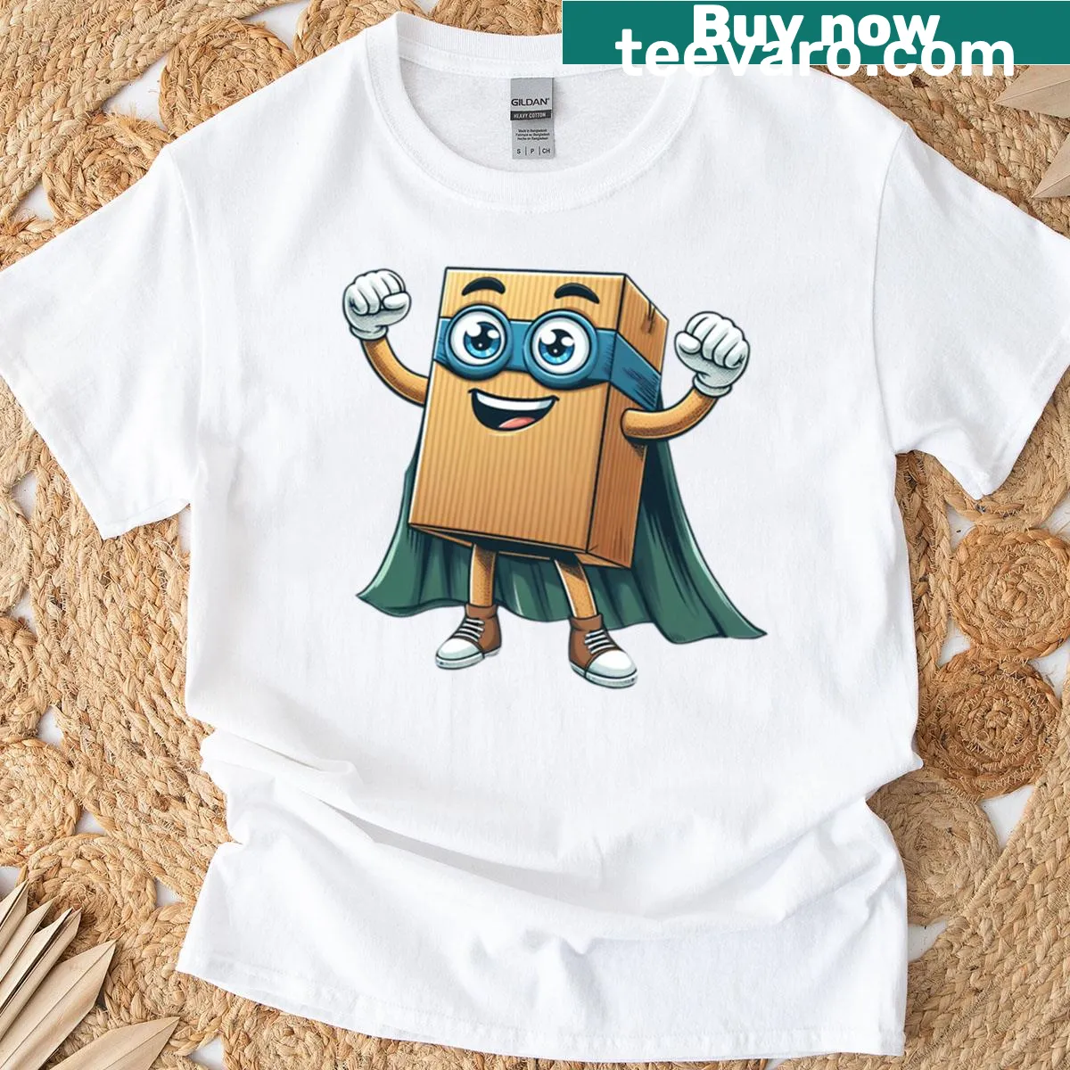 Cute cartoon graphic of a superhero box mascot on a t-shirt — on a men's t-shirt