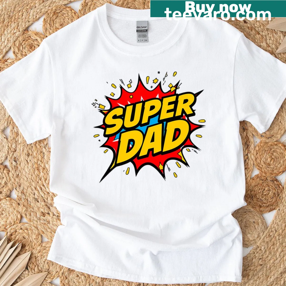 Comic book style Super Dad t-shirt with superhero graphics — on a men's t-shirt