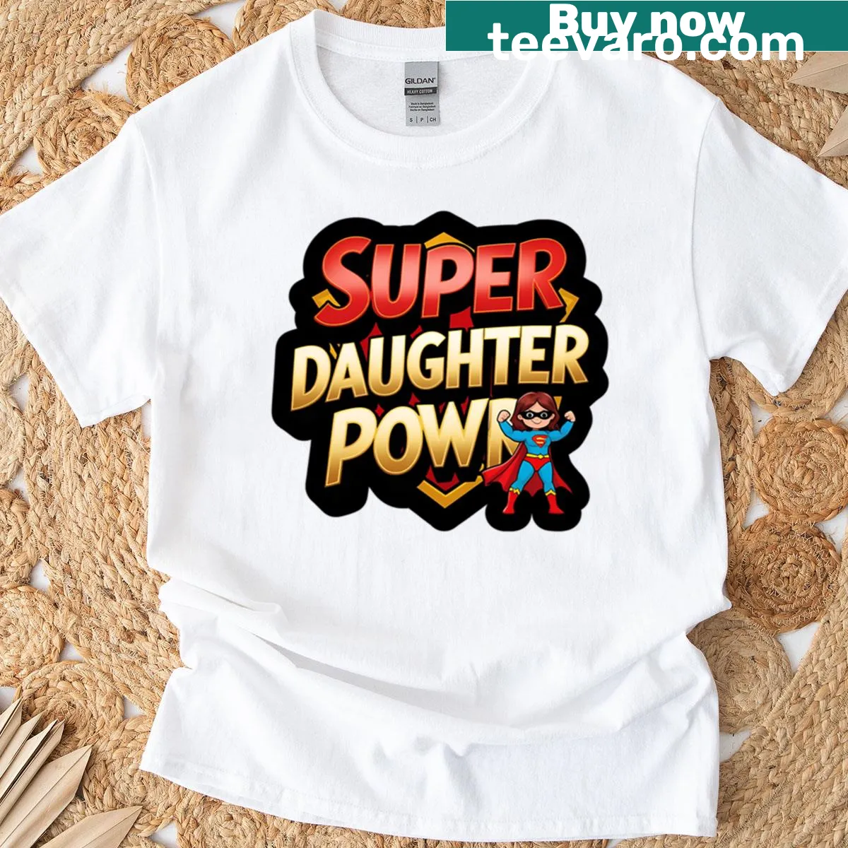 Typography t-shirt with the phrase 'Super Daughter Power' — on a men's t-shirt
